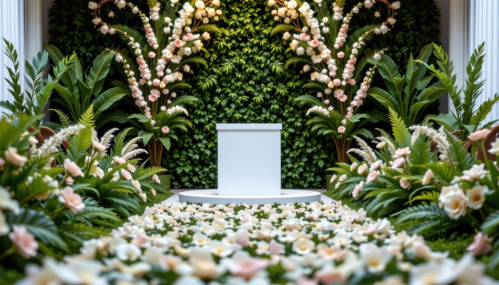 close up view of a podium centered on a floral aisle, adorned with ferns and light pastel flowers in a radial pattern. photo
