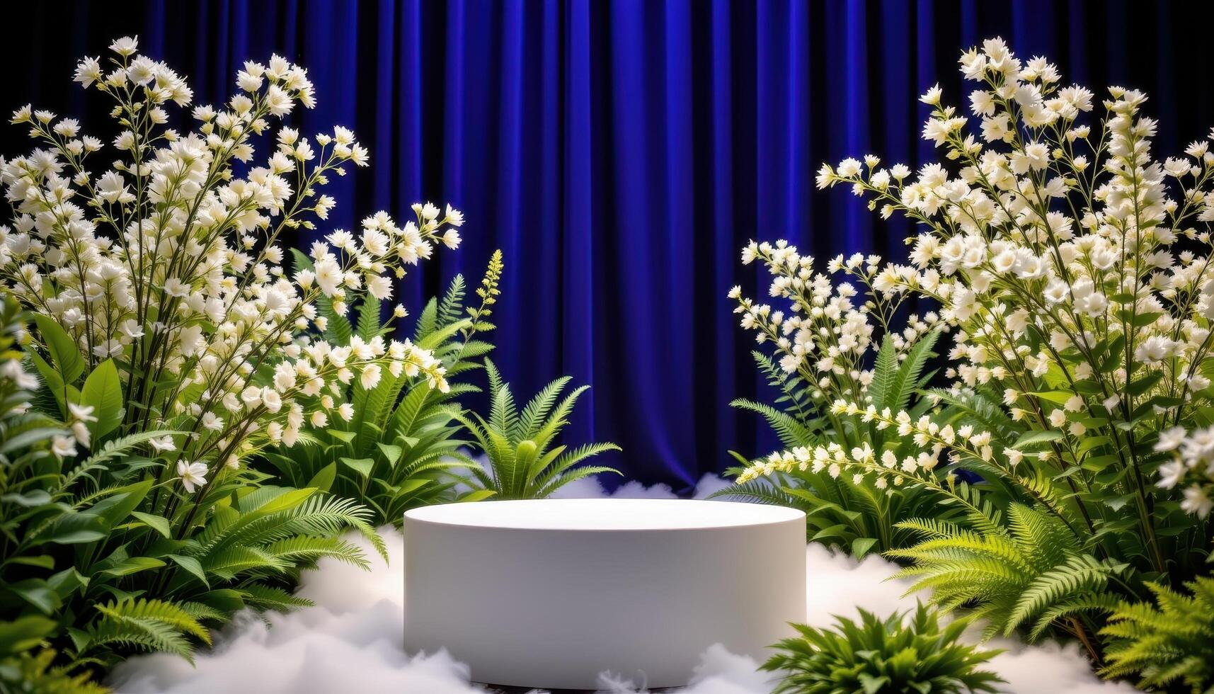 close up view of a podium surrounded by cloud like floral structures made of baby's breath and airy ferns. photo