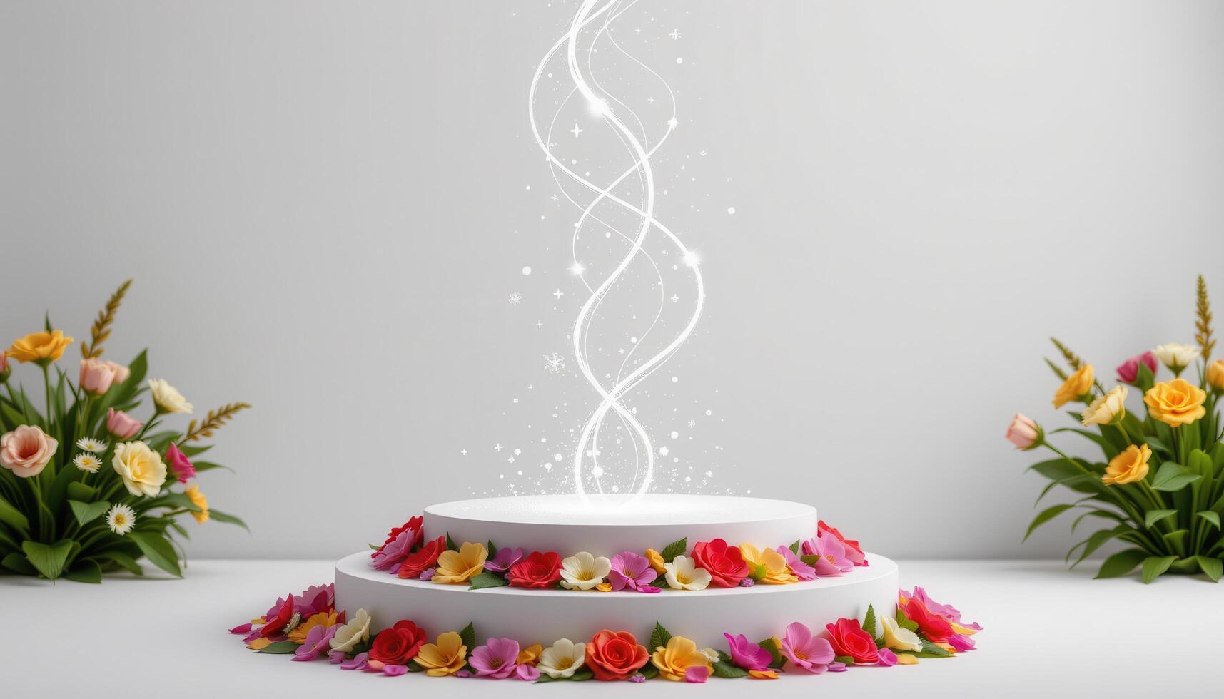 close up view of a podium paired with a flower waterfall flowing down from above into a ring of petals around its base. photo