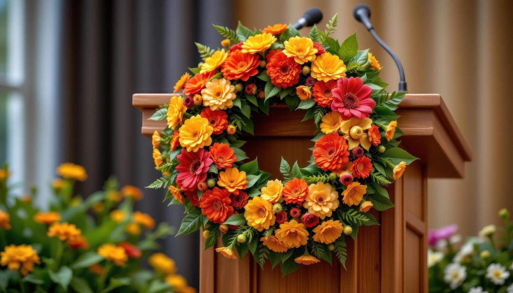 close up view of a podium featuring a large floral wreath made of marigolds and zinnias resting gently on its front panel. photo