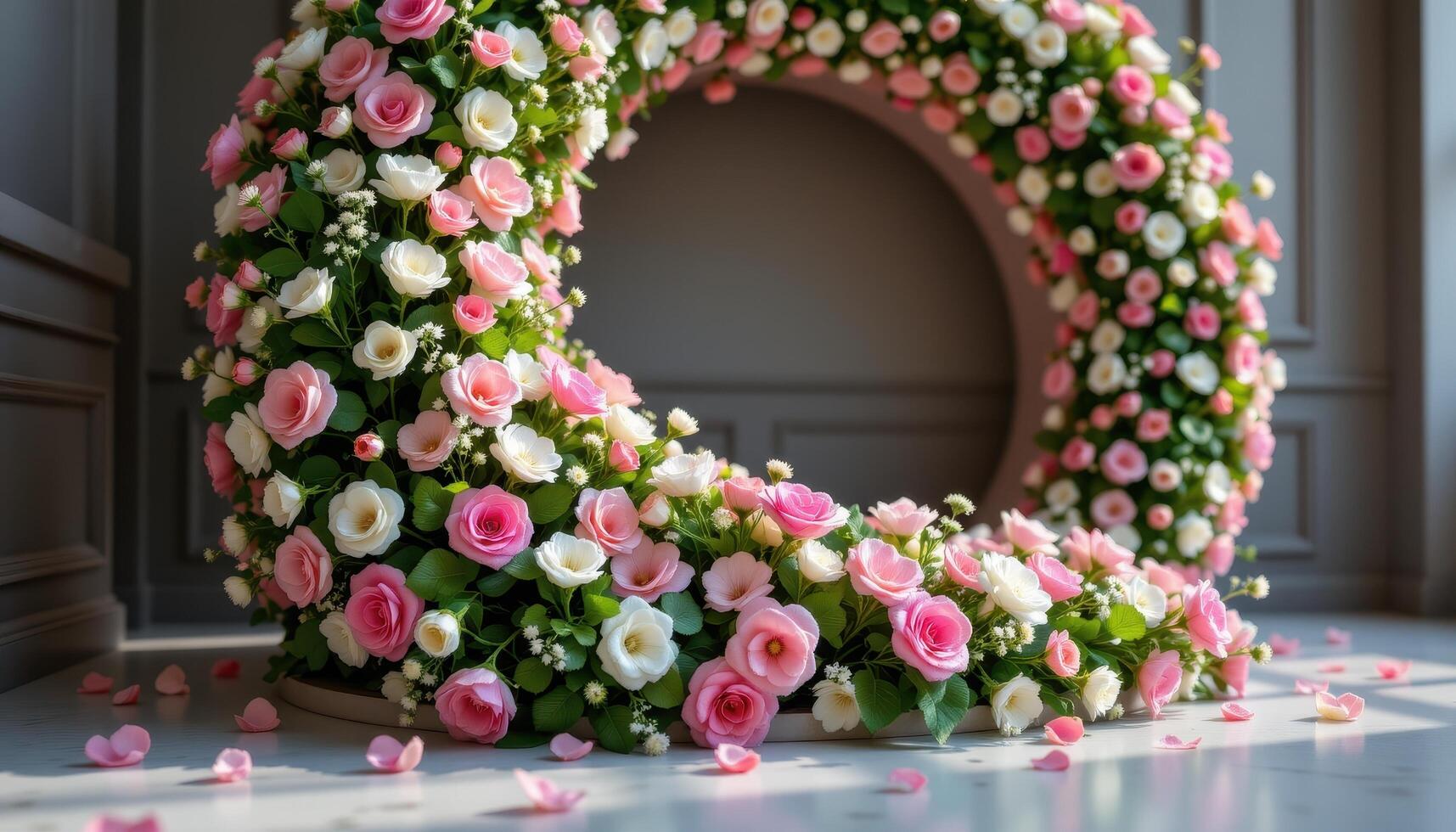 close up view of a podium integrated into a spiral floral display with pink and white blossoms gently rising from the floor. photo