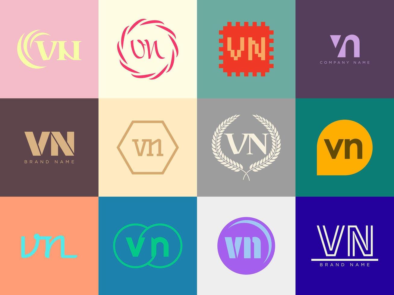 VN logo company template. Letter v and n logotype. Set different classic serif lettering and modern bold text with design elements. Initial font typography. vector