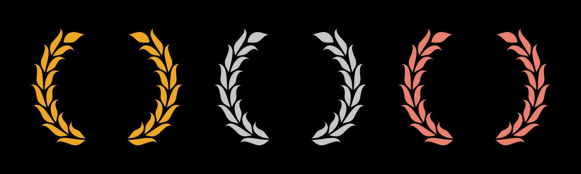 Laurel wreath of victory icon, set of gold, silver, and bronze medals on black background, laurel frame ranking decoration vector