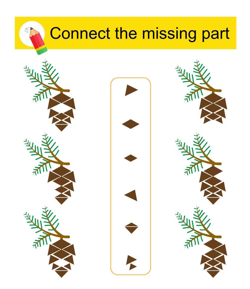 Connect the missing part. Attention task for kids. Cartoon pine cones. vector