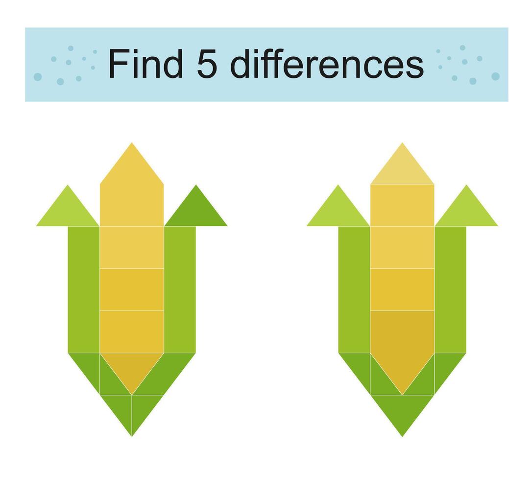 Find 5 differences. Cartoon corns. Logic puzzle game for kids. vector