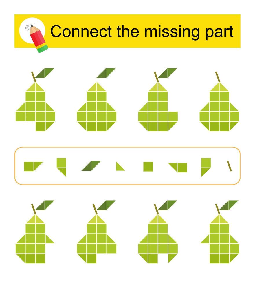 Connect the missing part. Attention task for kids. Cartoon green pears. vector