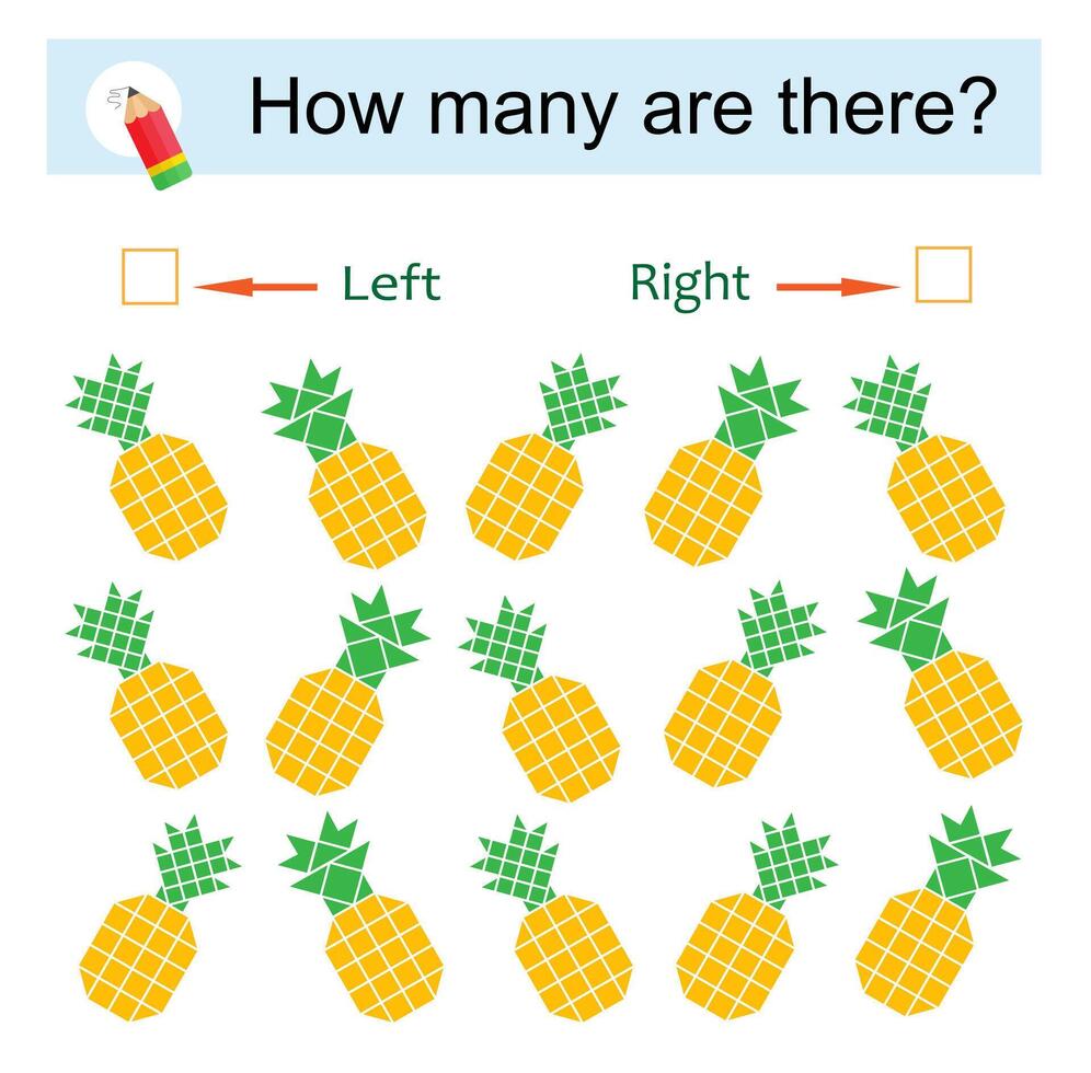 Math activity for kids. Developing numeracy skills. Cartoon pineapple. vector