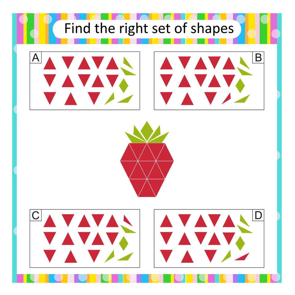 Puzzle for kids. Attention task. Find the correct set of cartoon strawberry. Answer is A. vector
