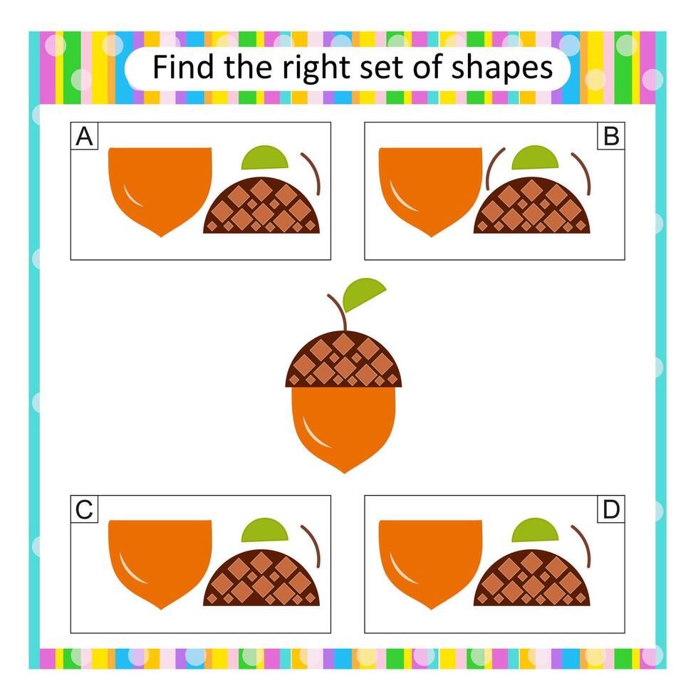 Puzzle for children. Attention task. Find the correct set of cartoon acorn. Answer is D. vector