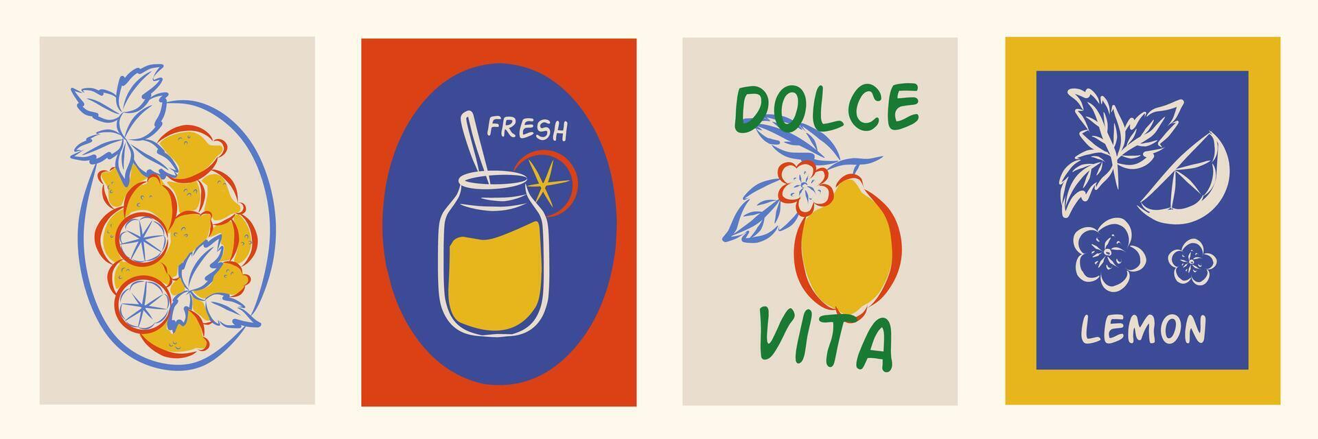 Lemon, limoncello and lemon slices in mediterranean frames set. Modern elegant colorful doodle illustration of lemons, label for poster, invitation, placard. Italian style vacation illustration vector