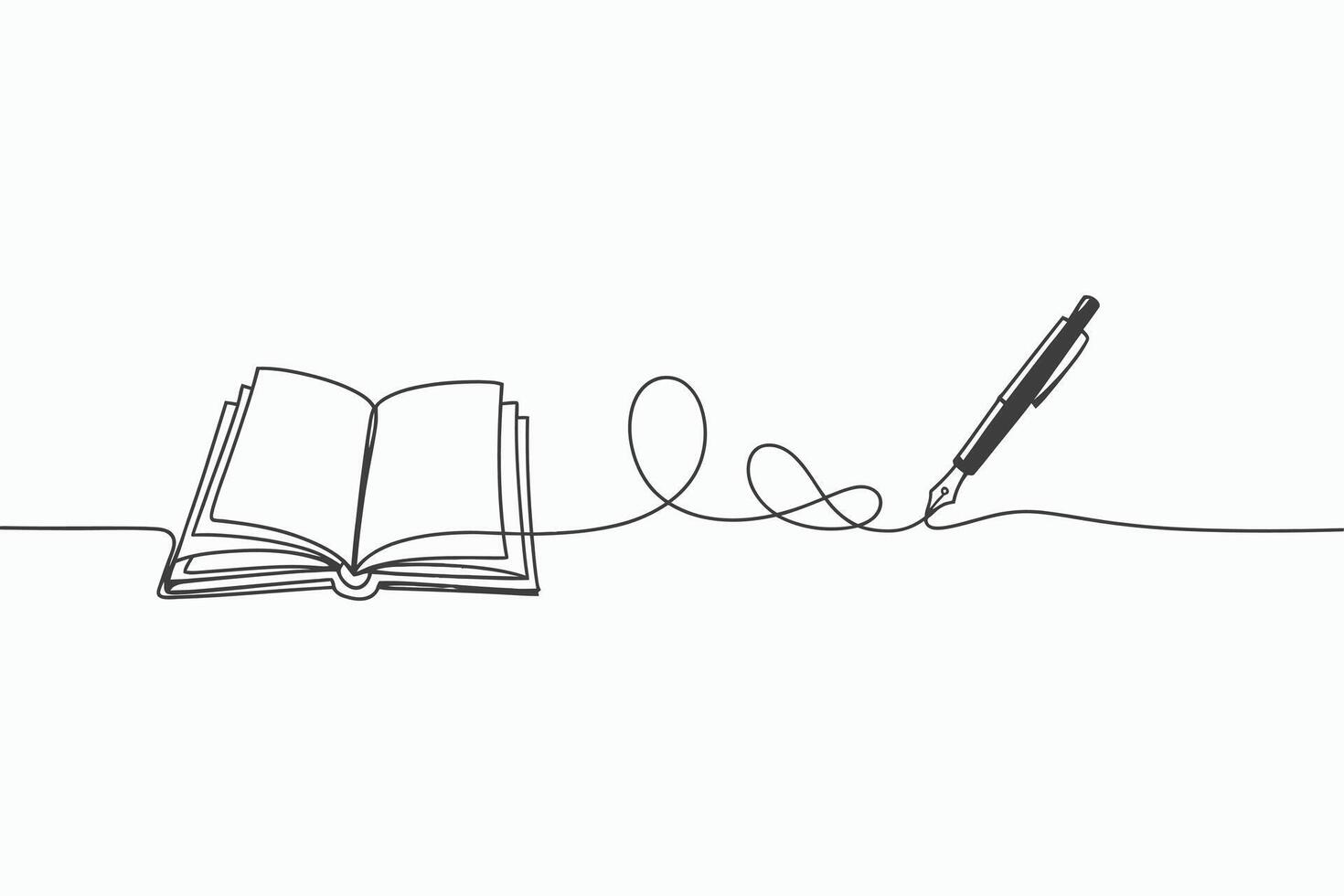 Continuous line drawing of an open book and a fountain pen writing isolated on white background vector