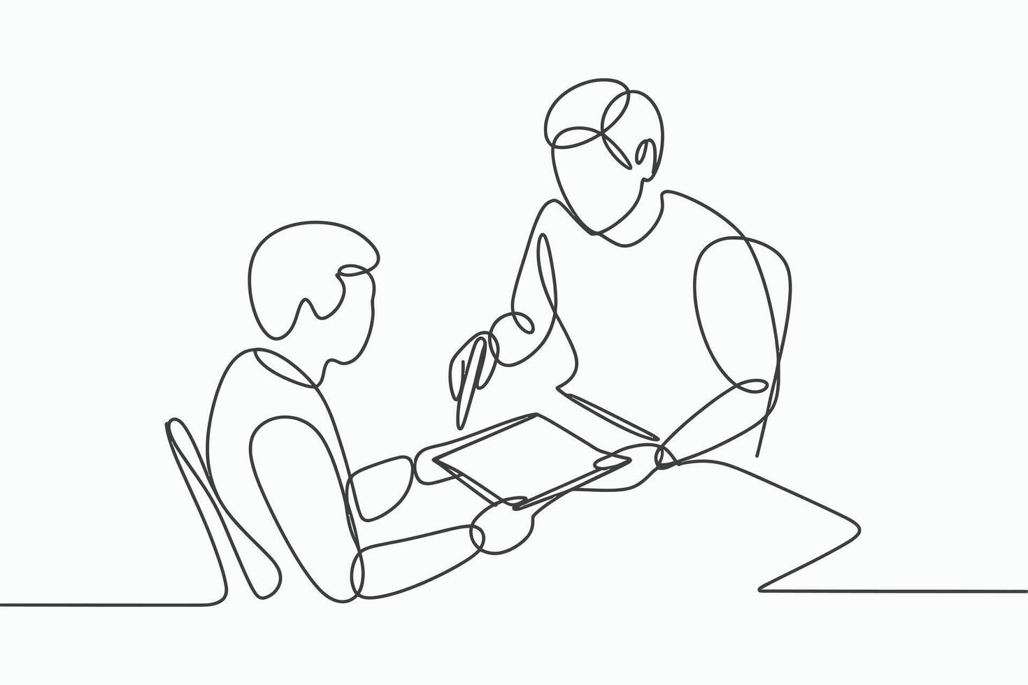 One line drawing of a teacher helping a student with a tablet vector