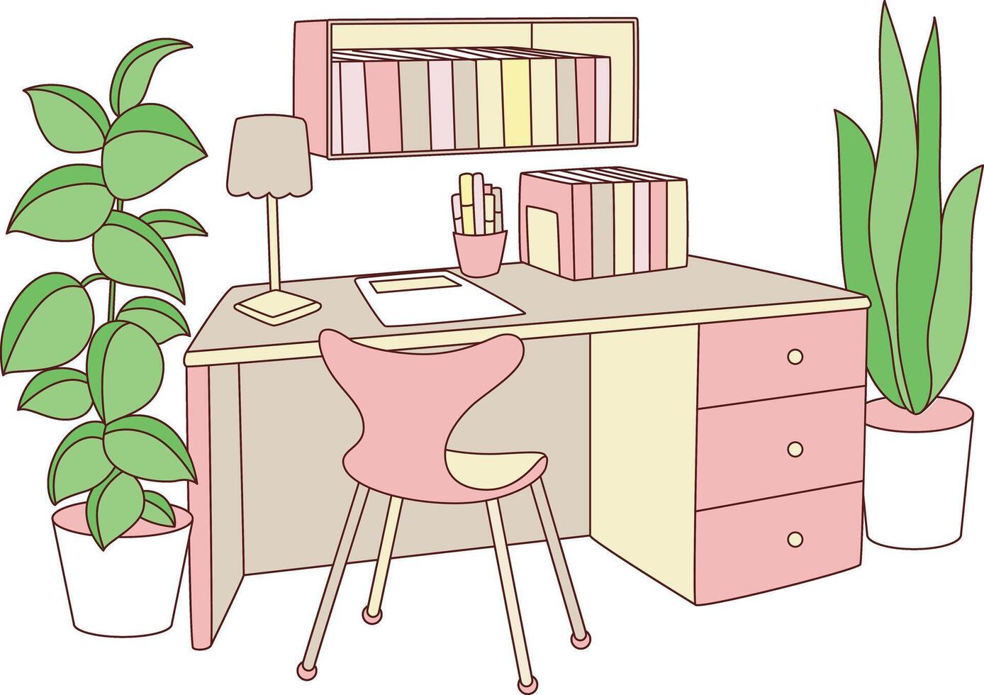 Pink and cream set up desktop office room for architect inspiration. vector
