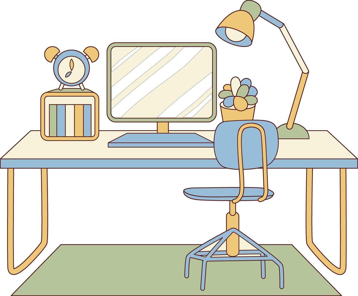 Cream and blue set up desktop office room for architect inspiration. vector