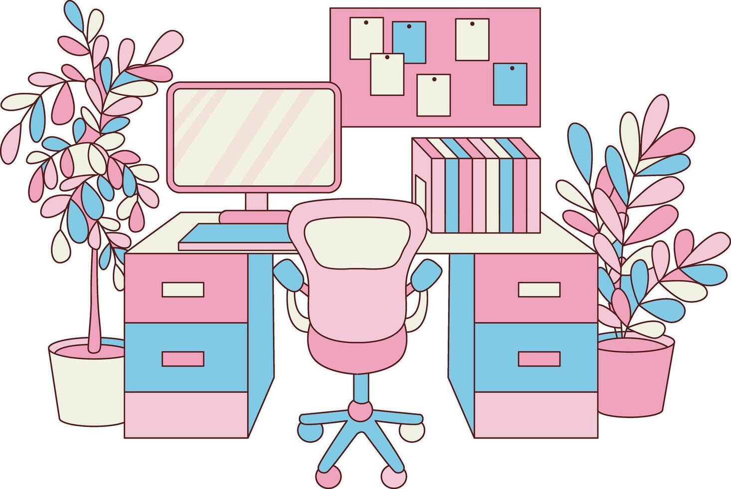 Pink and blue set up desktop office room for architect inspiration. vector
