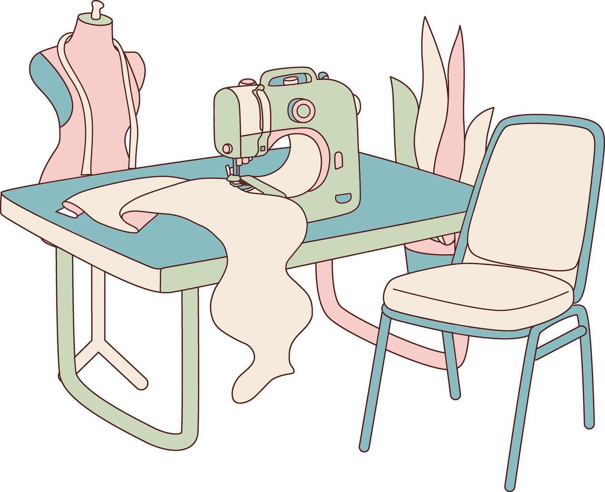 Blue, green and pink set up desktop sew office room for architect inspiration. vector