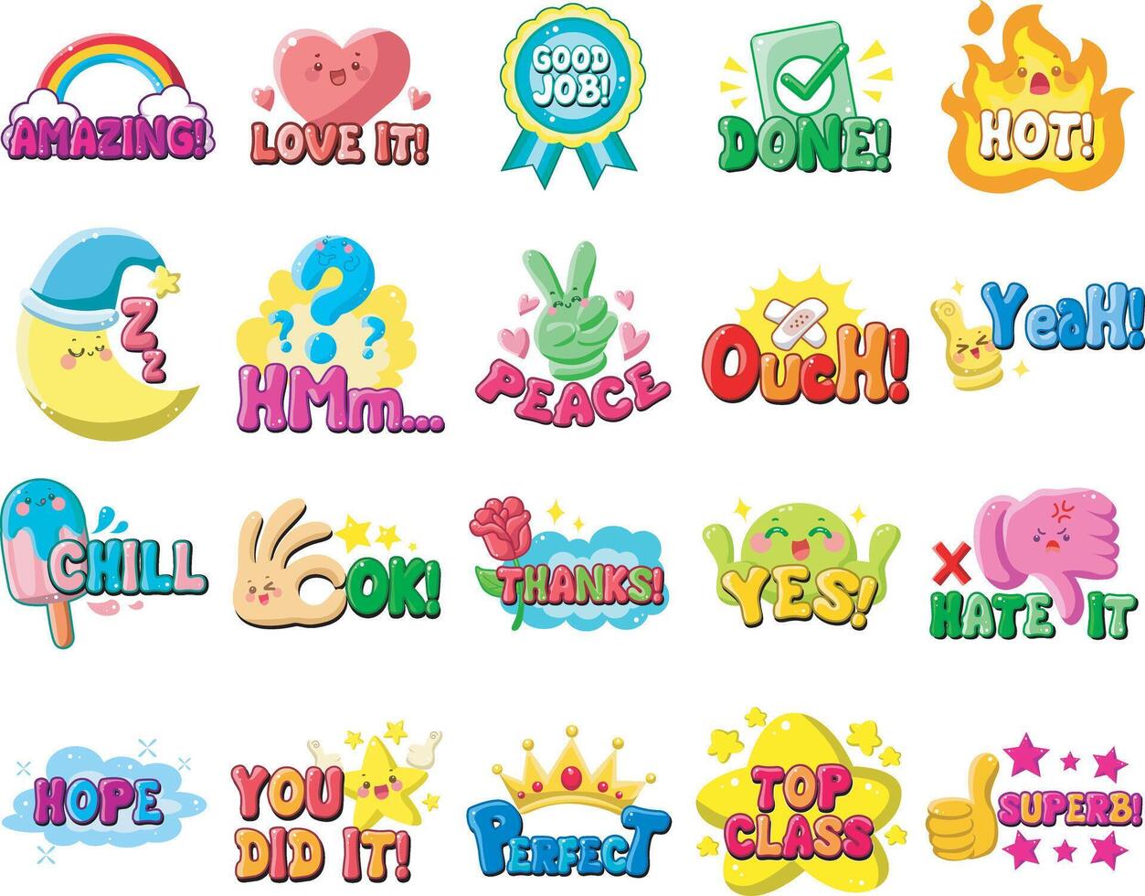 Unique bubble text with positive quotes and education for stickers. vector
