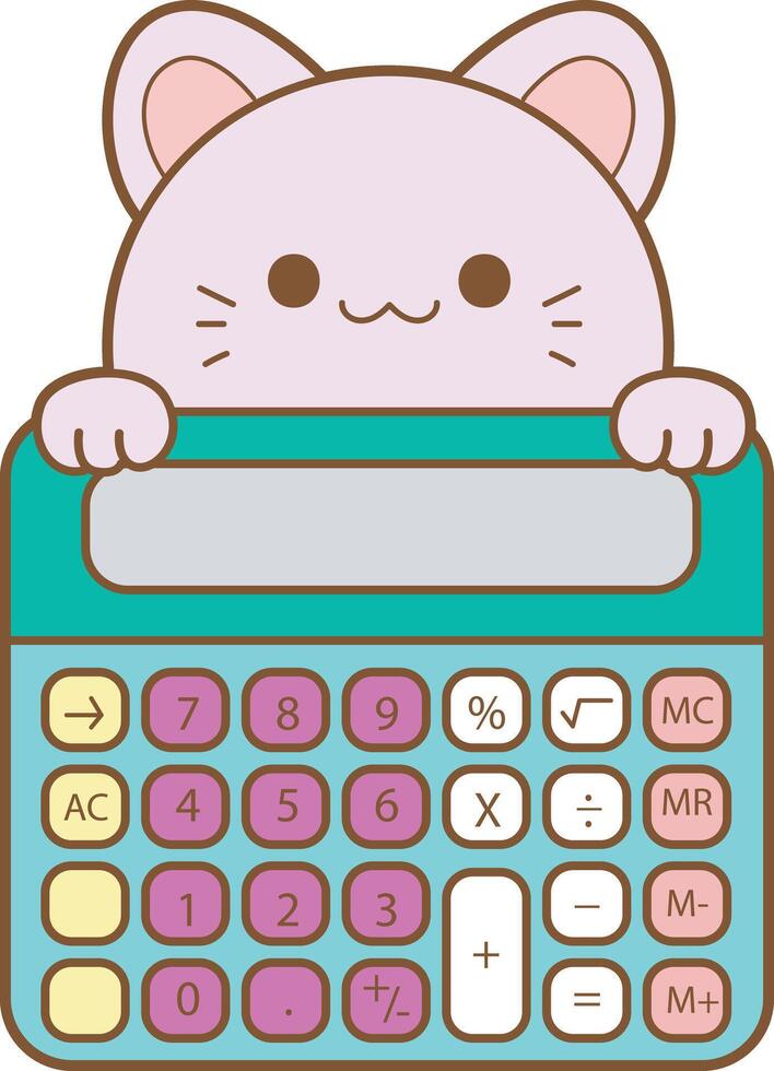 Calculator with kitty decor. Flat icon set of study and learning. Student equipment art. vector