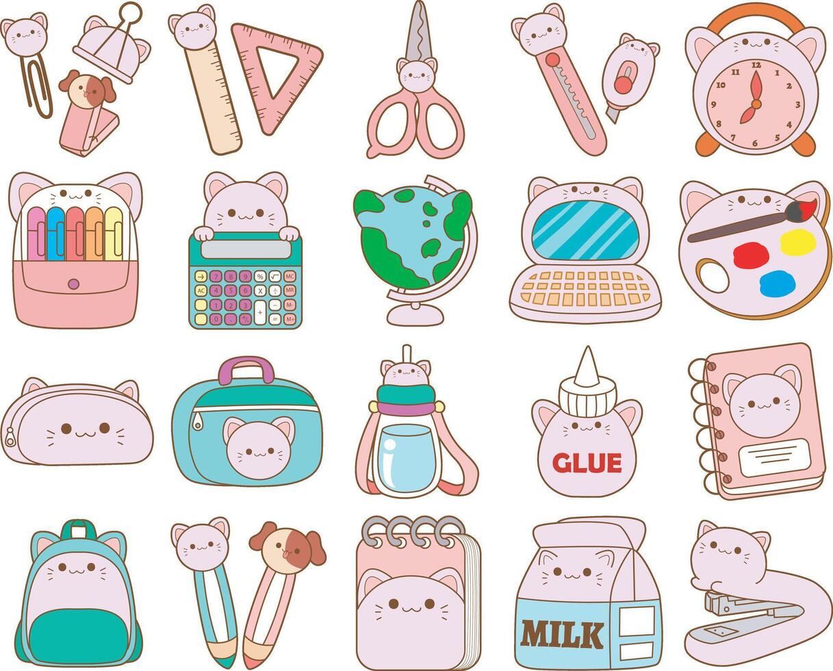 Accesories of kitty. Flat icon set of study and learning. Student equipment art. vector