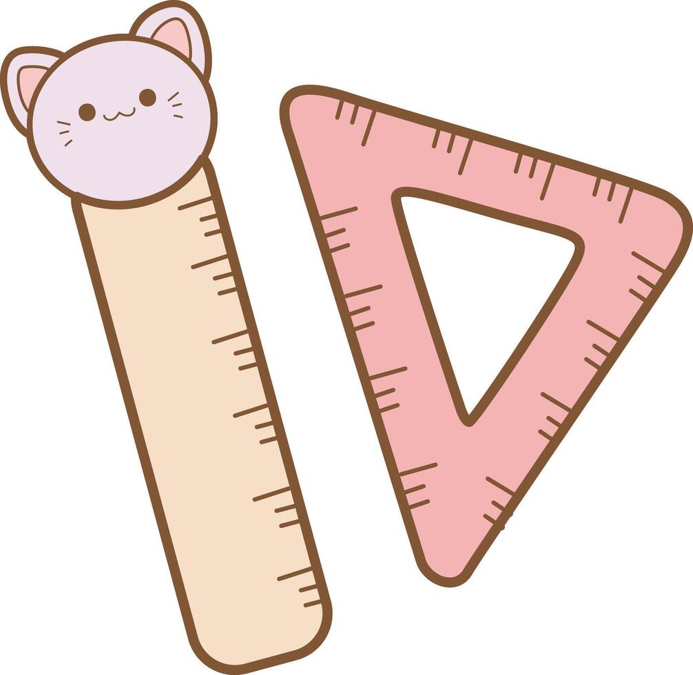 Ruler with kitty decor. Flat icon set of study and learning. Student equipment art. vector