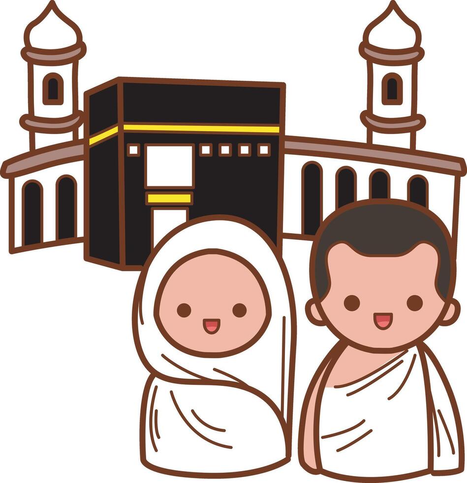 A mother and father goes to kabah. Hand drawn of moslem or Islam elements. vector