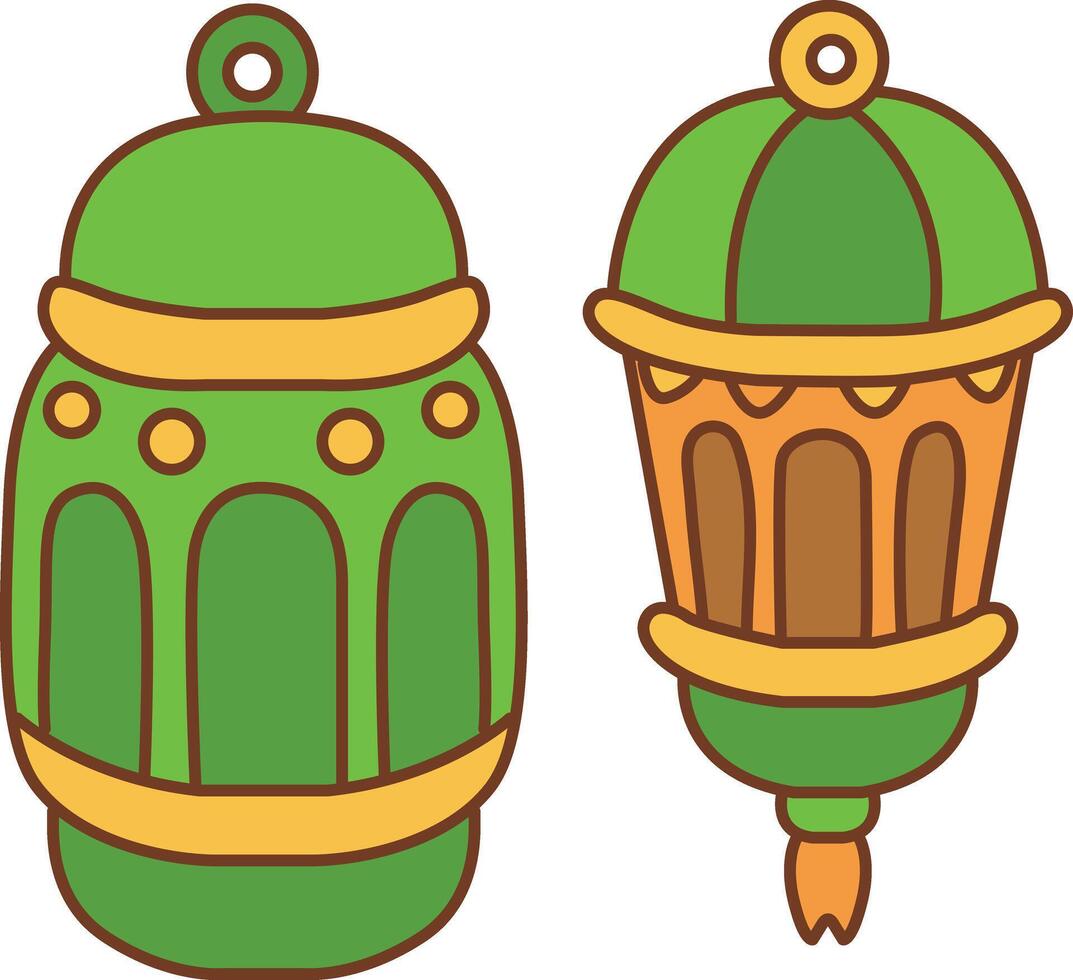 A green and yellow lantern. Hand drawn of moslem or Islam elements. vector