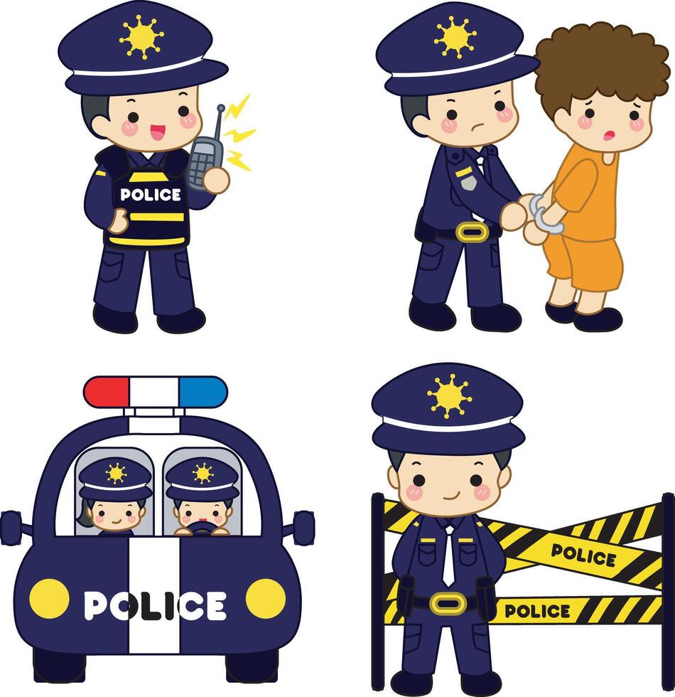 Policeman with police ines and phone. Cute police man sticker illustration icon. vector
