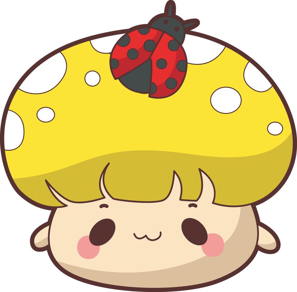 Yellow mushroom with ladybug. Elements of mushroom cartoon nature plants. Mushroom cute style illustrations. vector