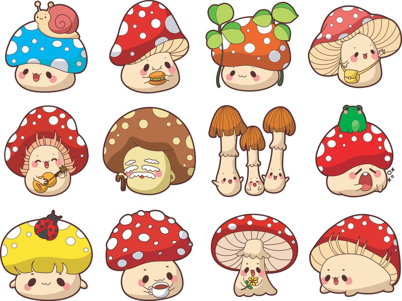 Elements of mushroom cartoon nature plants. Mushroom cute style illustrations. vector