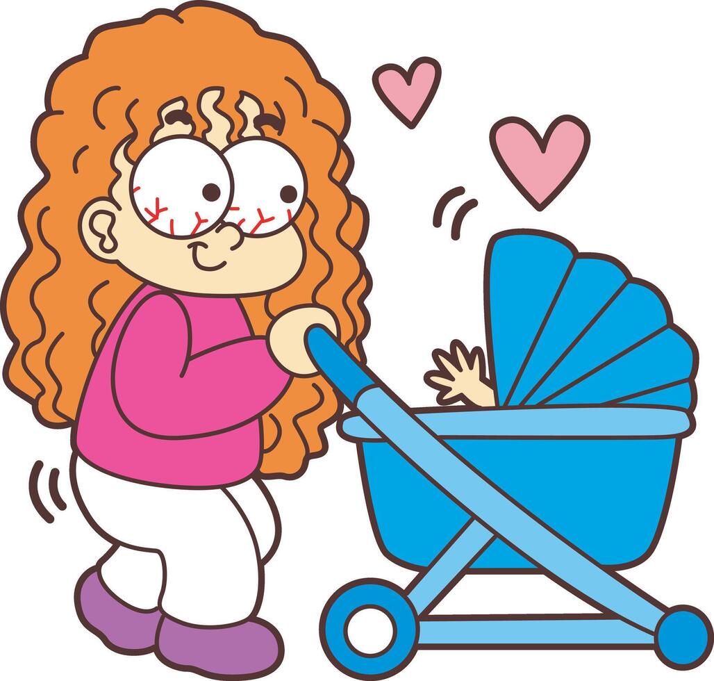 A mother pushing a trolley of baby. The theme of this card design is Mothers Day. vector