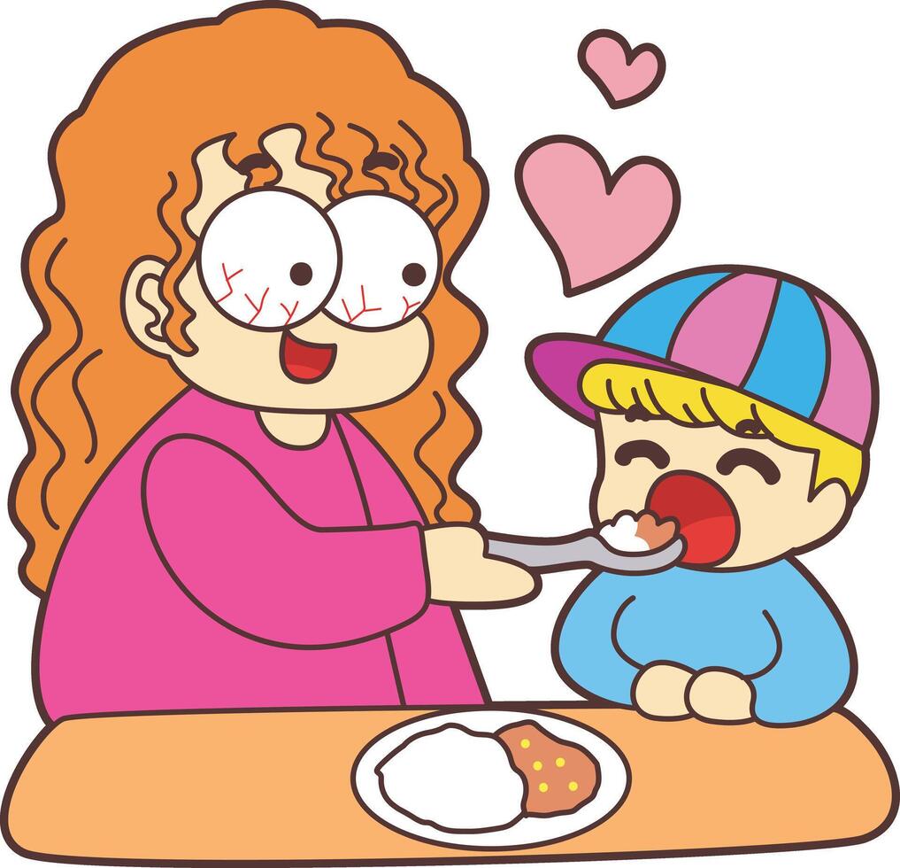 Mom feed the boy. The theme of this card design is Mothers Day. vector