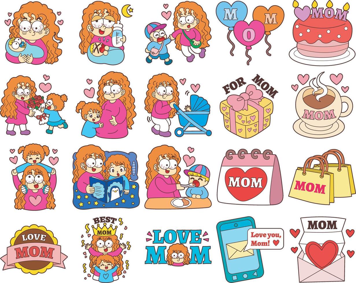 variation of mom stickers. The theme of this card design is Mothers Day. vector