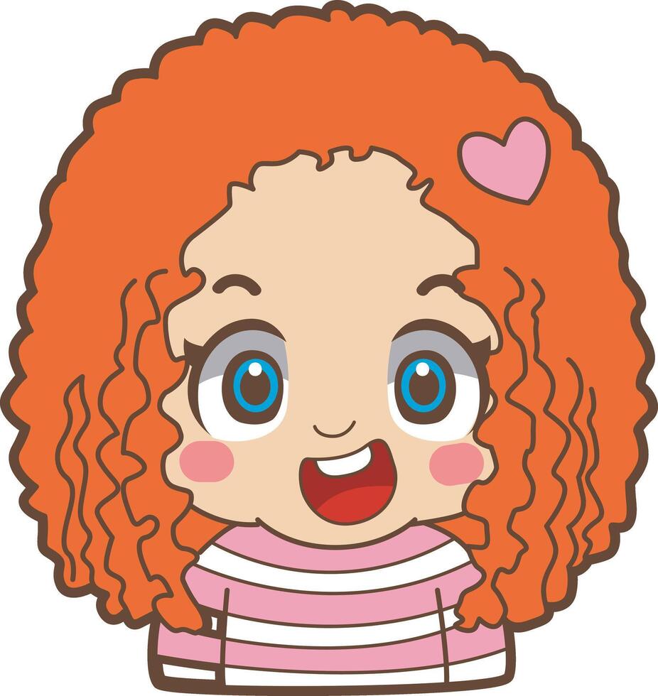 A girl with curly red hair and pink stirps clothes. Avatar of boy and girl kids. vector