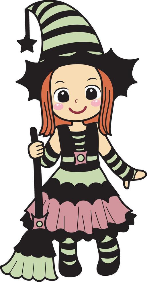 A girl with green witch costume. kids costume in halloween party. vector