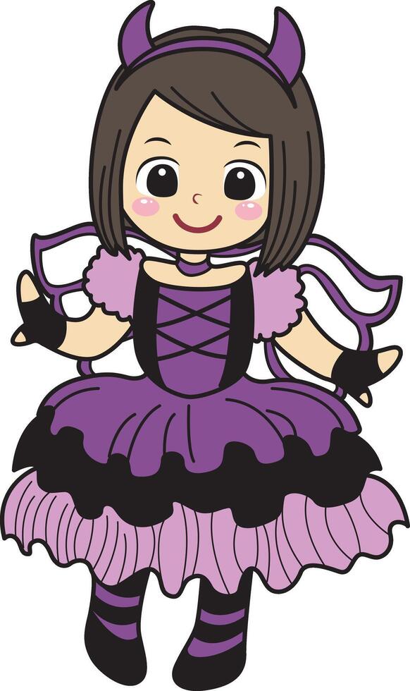 Girl with violet fairy costume kids costume in halloween party. vector
