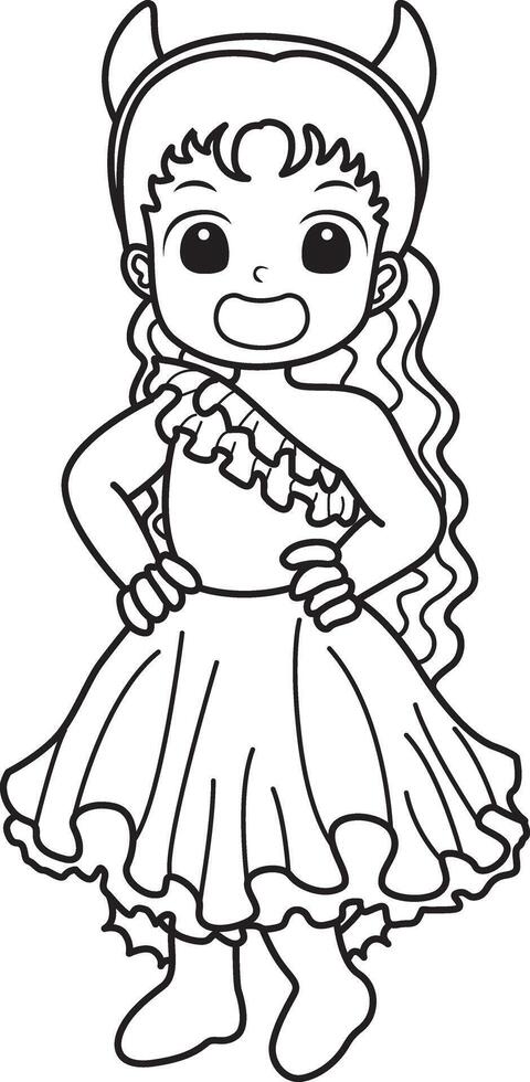 A girl with red devil costume. Coloring pages of kids costume in halloween party. vector