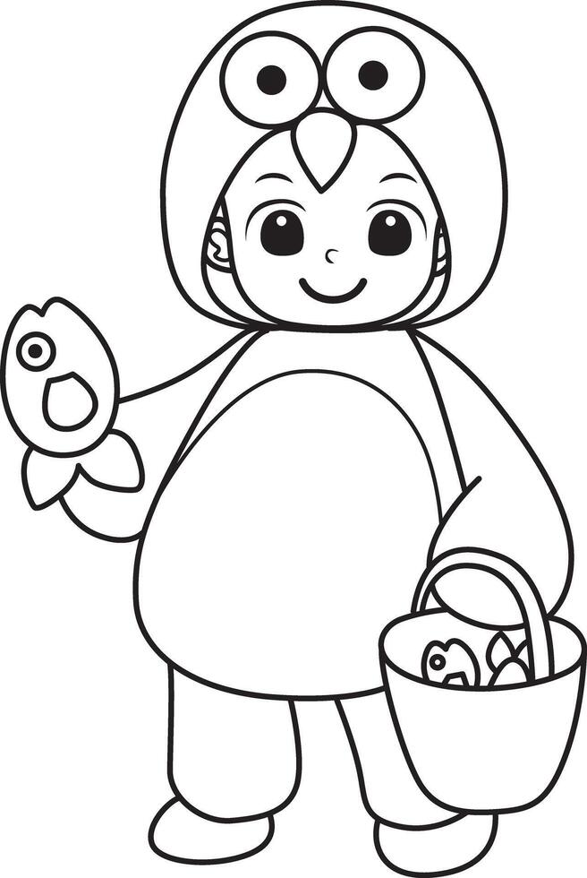 A boy with penguin costume. Coloring pages of kids costume in halloween party. vector