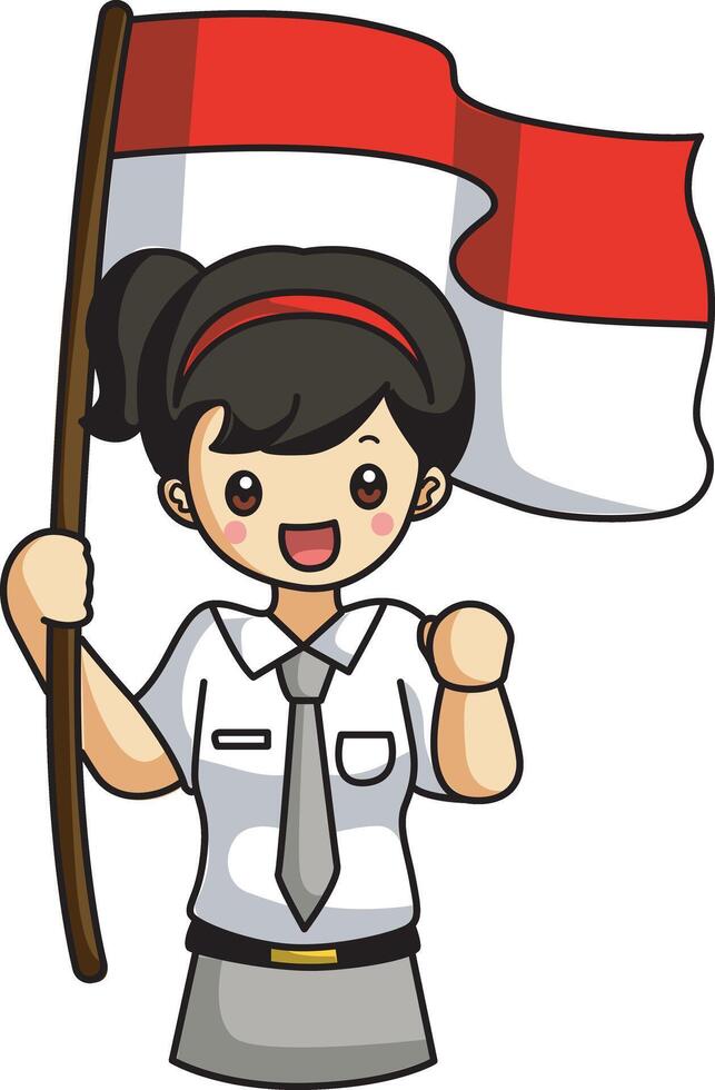 Gril with high school uniform bring a flag. Banner of Indonesian Independence Day with text Dirgahayu Indonesia 17 August and image of people holding the flag vector