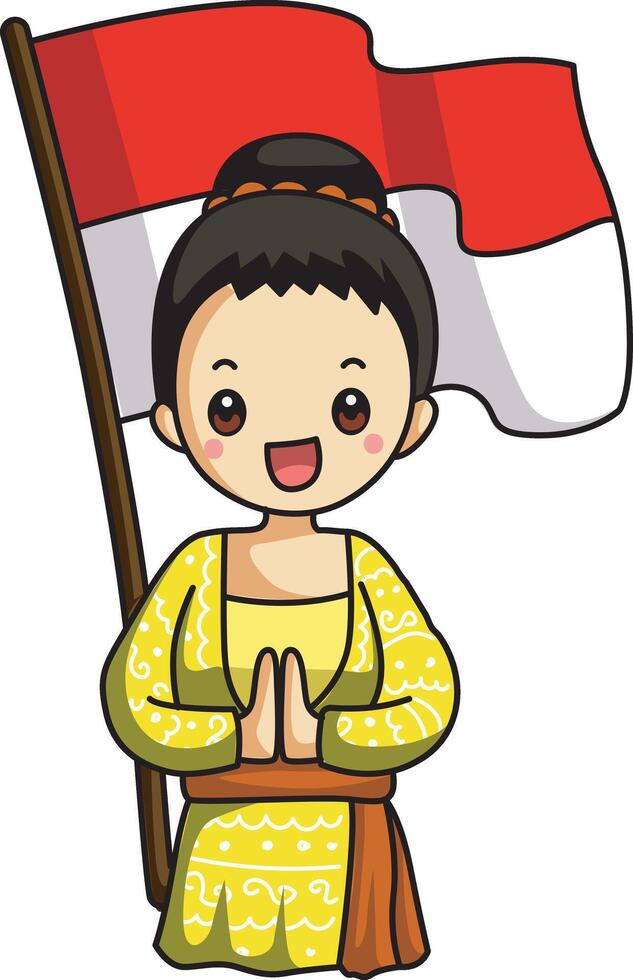 A bali outfit with flag. Banner of Indonesian Independence Day with text Dirgahayu Indonesia 17 August and image of people holding the flag vector