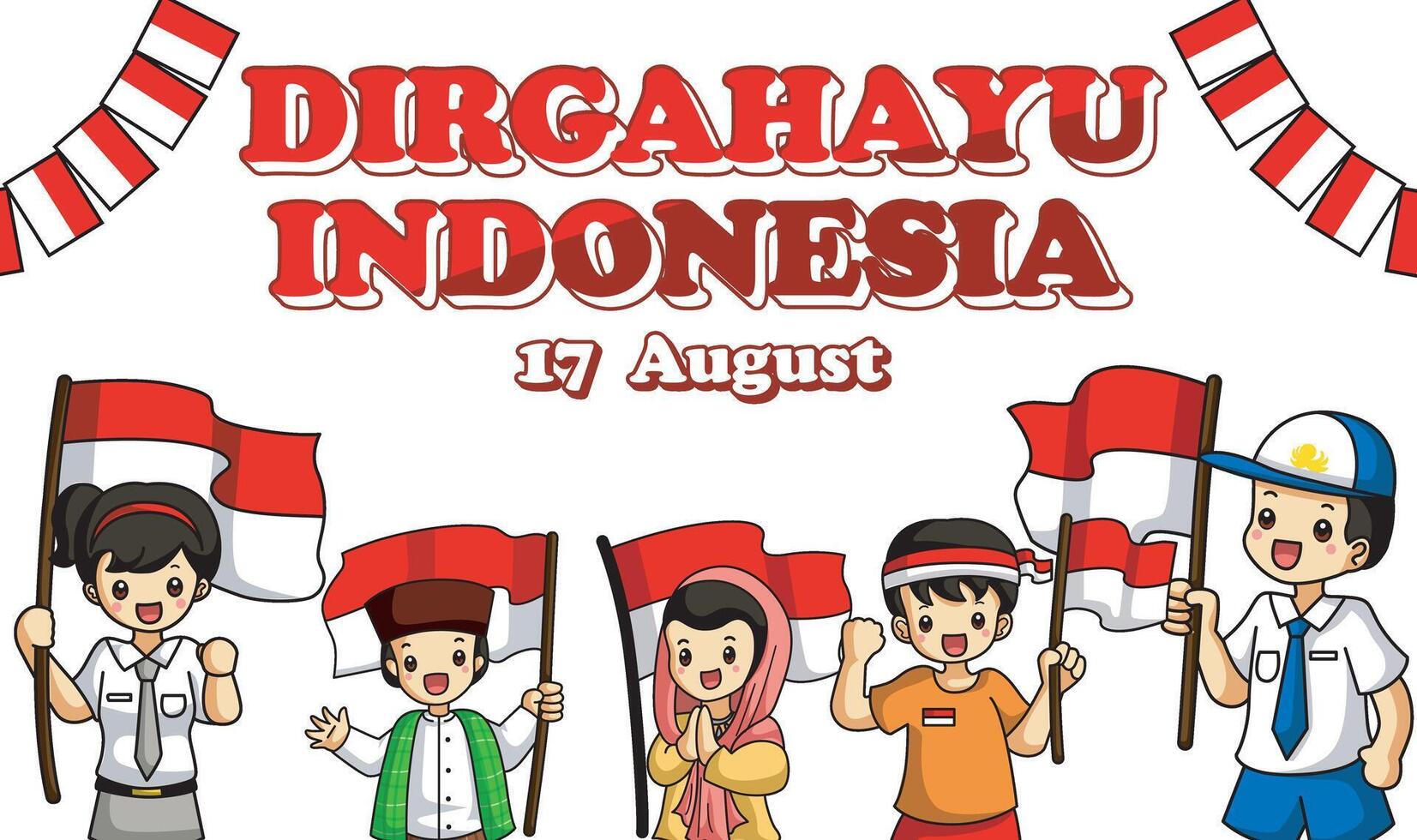 Banner of Indonesian Independence Day with text Dirgahayu Indonesia 17 August and image of people holding the flag and happy. vector