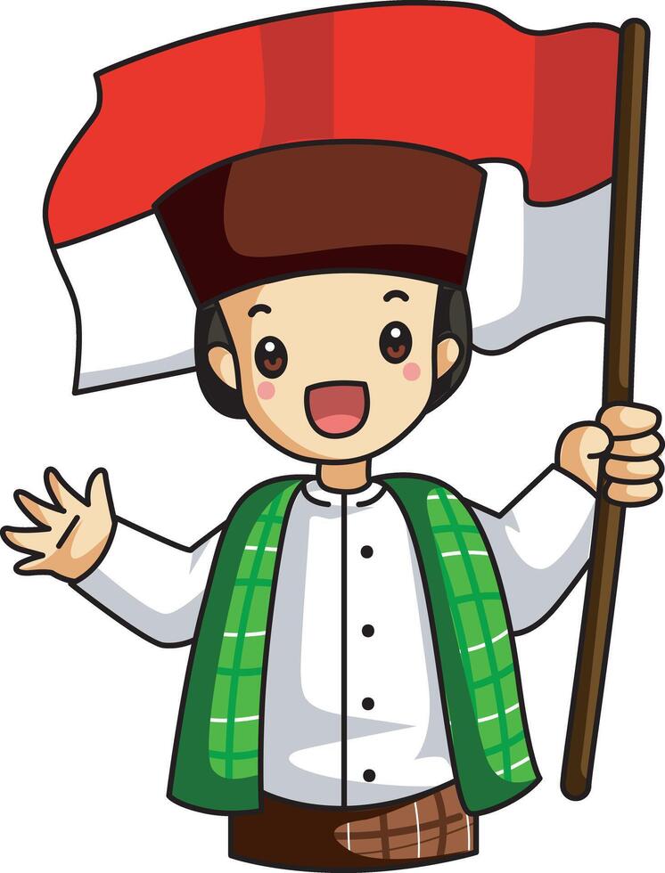 A batak outfit bring a flag. Banner of Indonesian Independence Day with text Dirgahayu Indonesia 17 August and image of people holding the flag vector