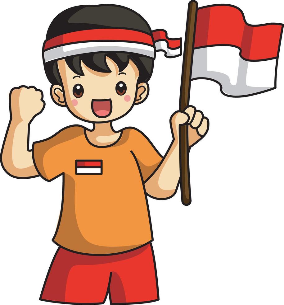 A man bring a flag. Banner of Indonesian Independence Day with text Dirgahayu Indonesia 17 August and image of people holding the flag vector