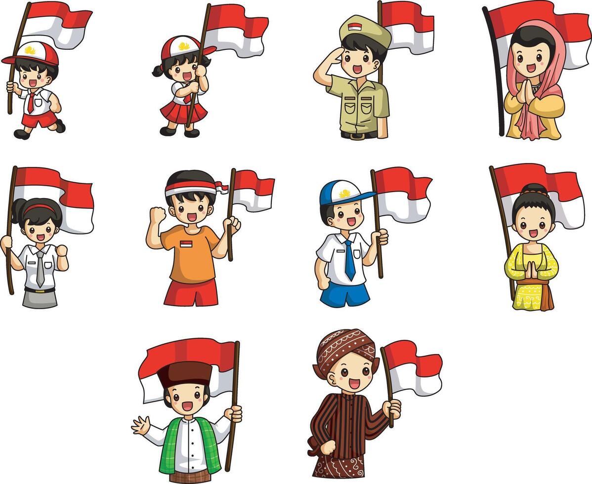 Variation of people bring a flag. Banner of Indonesian Independence Day with text Dirgahayu Indonesia 17 August and image of people holding the flag vector