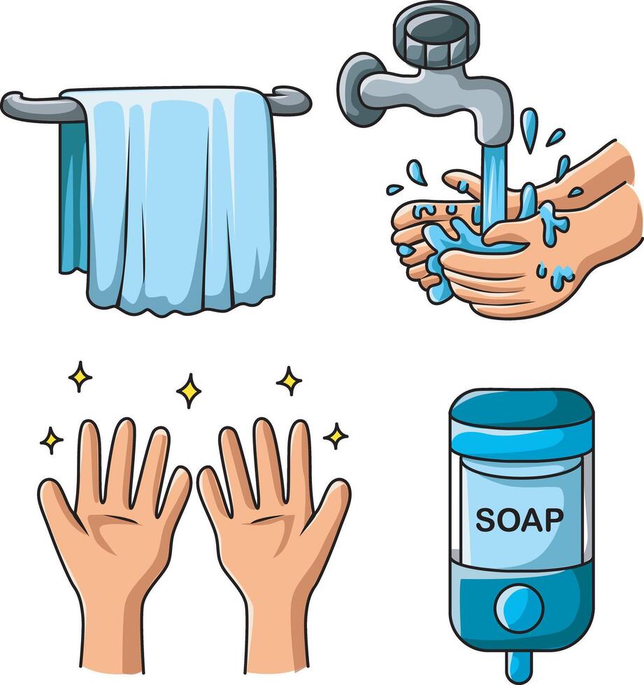 Icon of towel and faucet. Hand wash icons for education vector