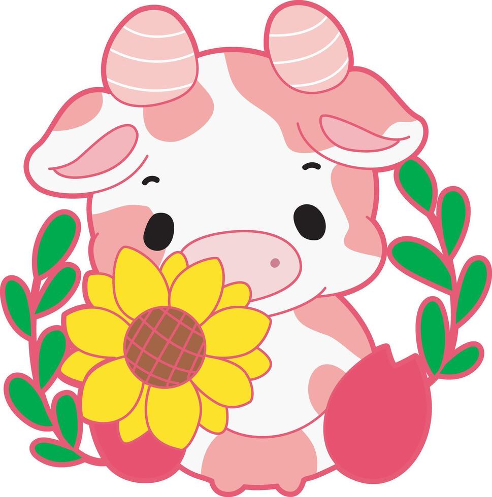 Cow bring a sun flower. Cute pink cow illustration for kids sticker. vector
