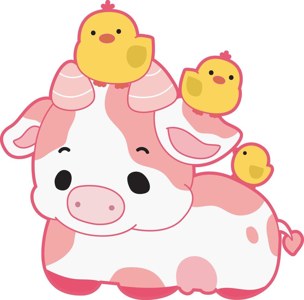Cow with chicks. Cute pink cow illustration for kids sticker. vector
