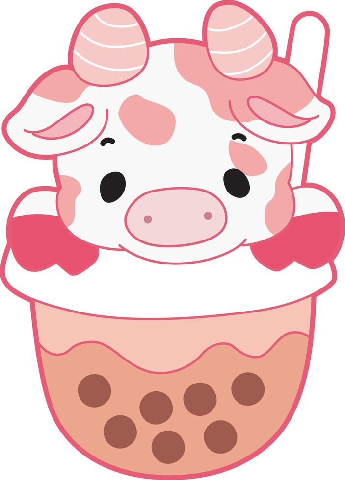 Cow stuck in the boba tea. Cute pink cow illustration for kids sticker. vector