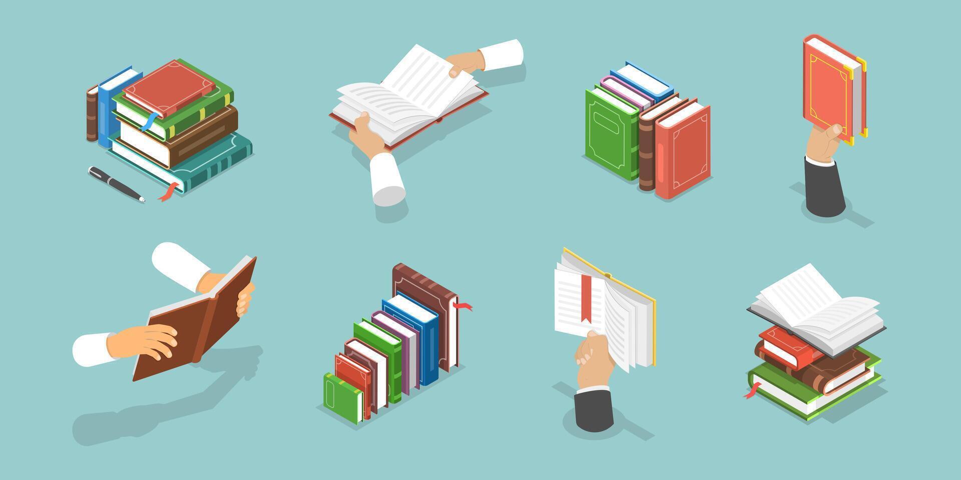 3D Isometric Flat Illustration of Hands with Books, Studing and Education, Literature and Reading vector
