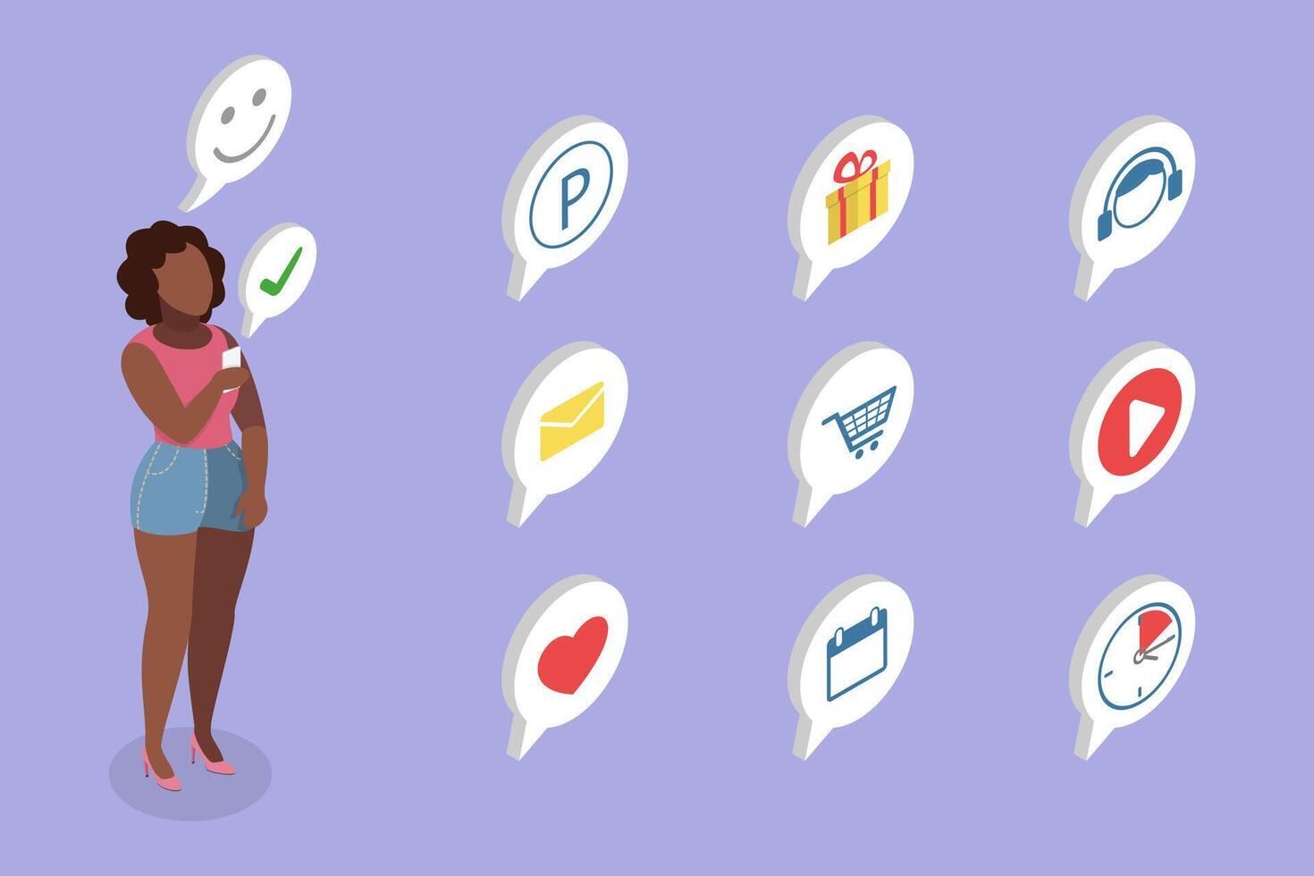3D Isometric Flat Illustration of Using Smartphone, Enjoying SNS vector