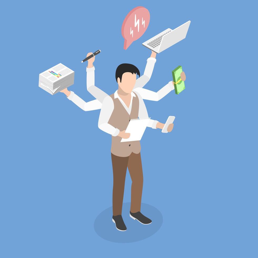 3D Isometric Flat Illustration of Multitasking Businessman, Efficient Entrepreneur Juggling Multiple Tasks To Improve Productivity And Management Skills vector